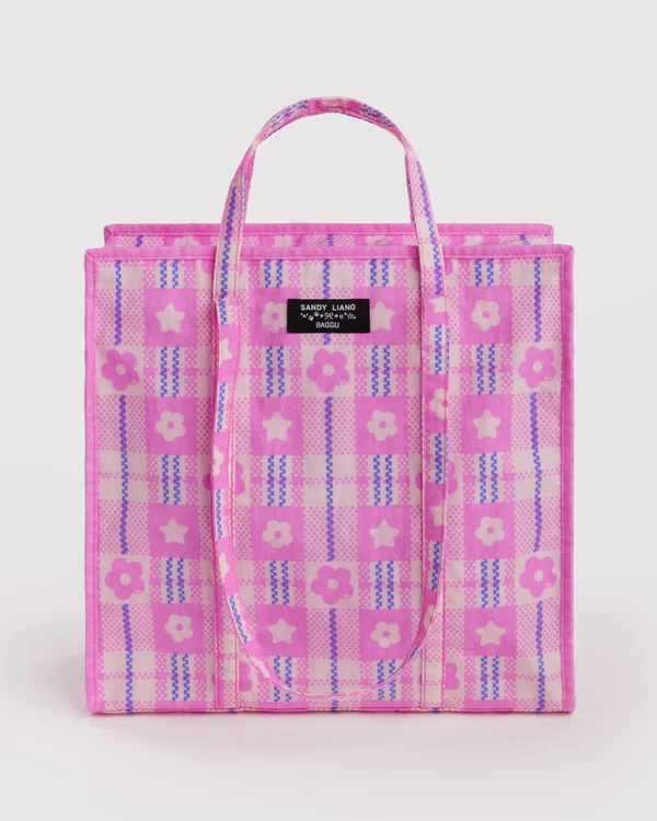 Large Nylon Market Bag - Market Plaid Pink