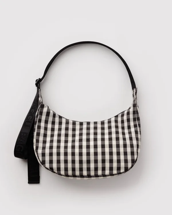 Medium Nylon Crescent Bag - Black And Cream Gingham
